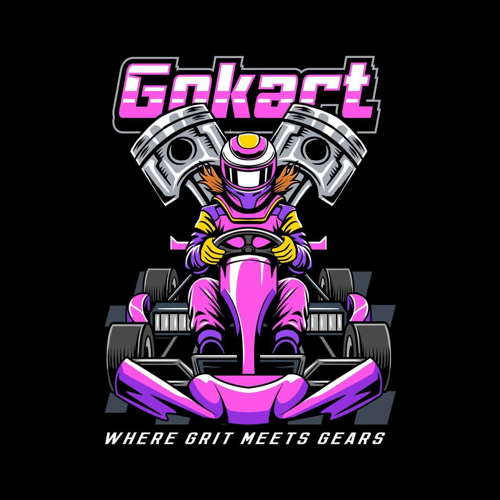 Pink color Go Kart with a woman driver and two pistons cartoon illustration vector