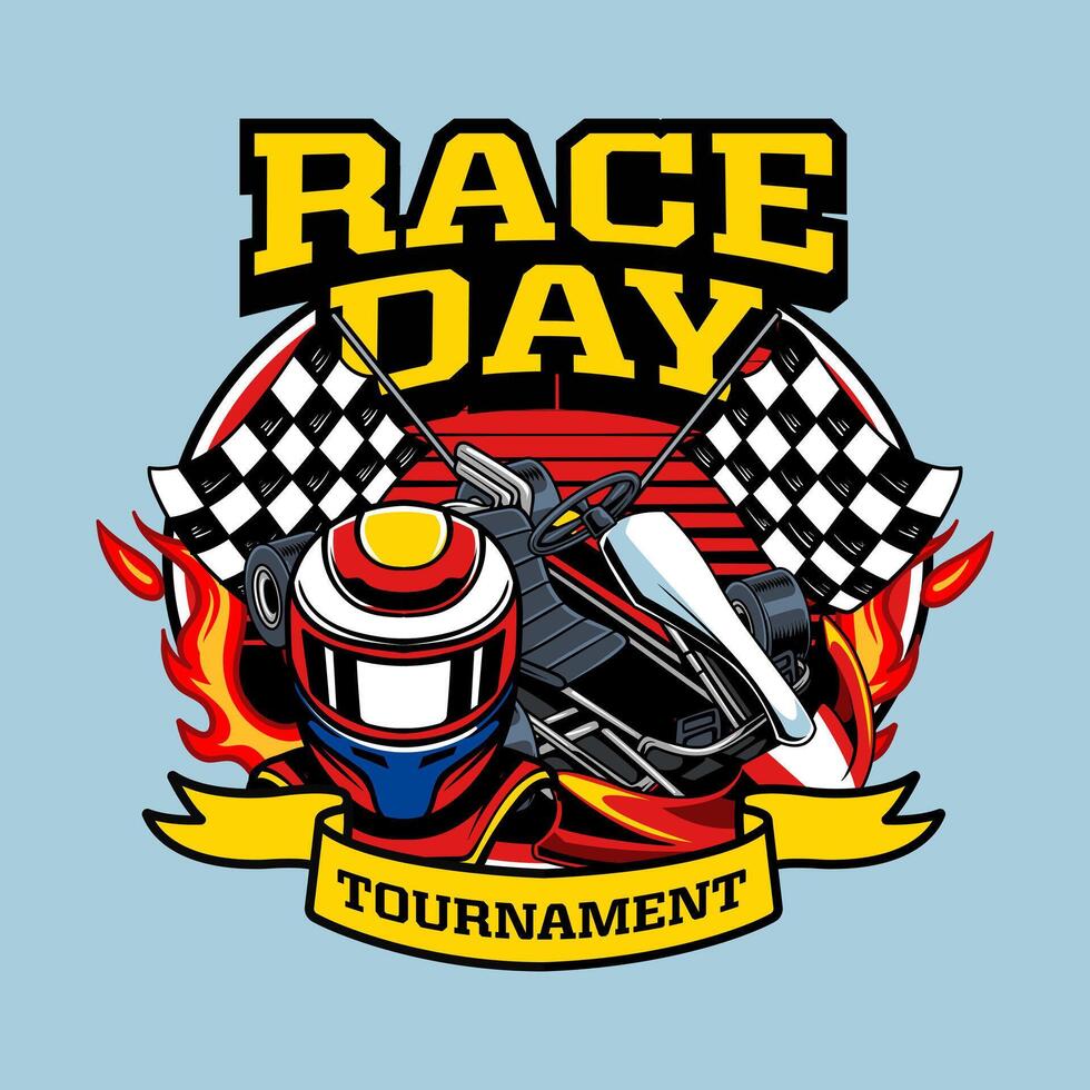 Go Kart Race day with helmet and checkered flag emblem illustration vector