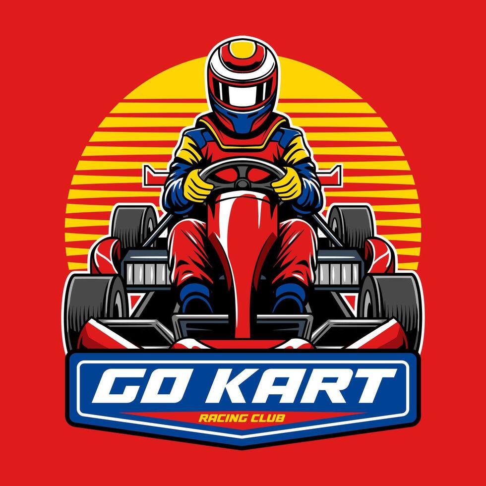 Red color Go Kart with a man driver emblem and Sunset front view cartoon illustration vector