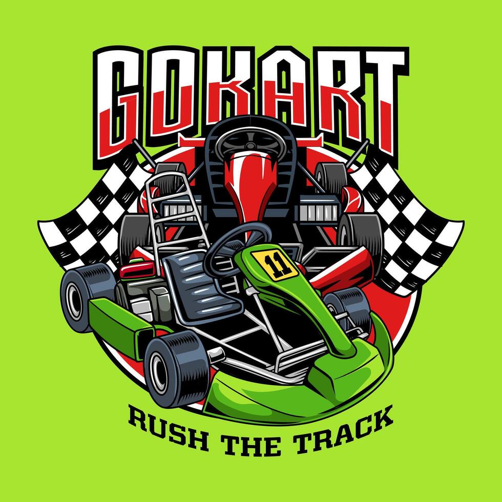Two Go Kart sport with checkered racing flag emblem cartoon illustration in green background vector