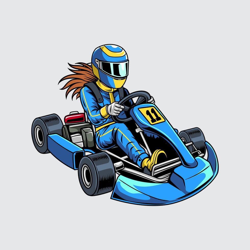 Go-Kart blue color automotive isolated with woman driver on a light background vector