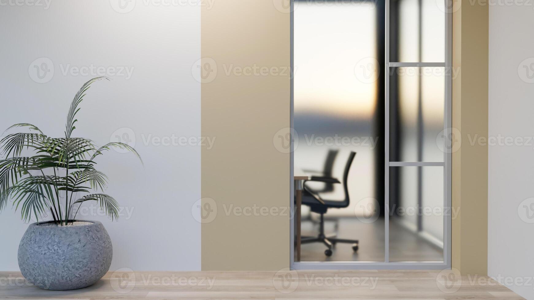 A modern office corridor with an empty wall, and a window looking into a meeting room. photo
