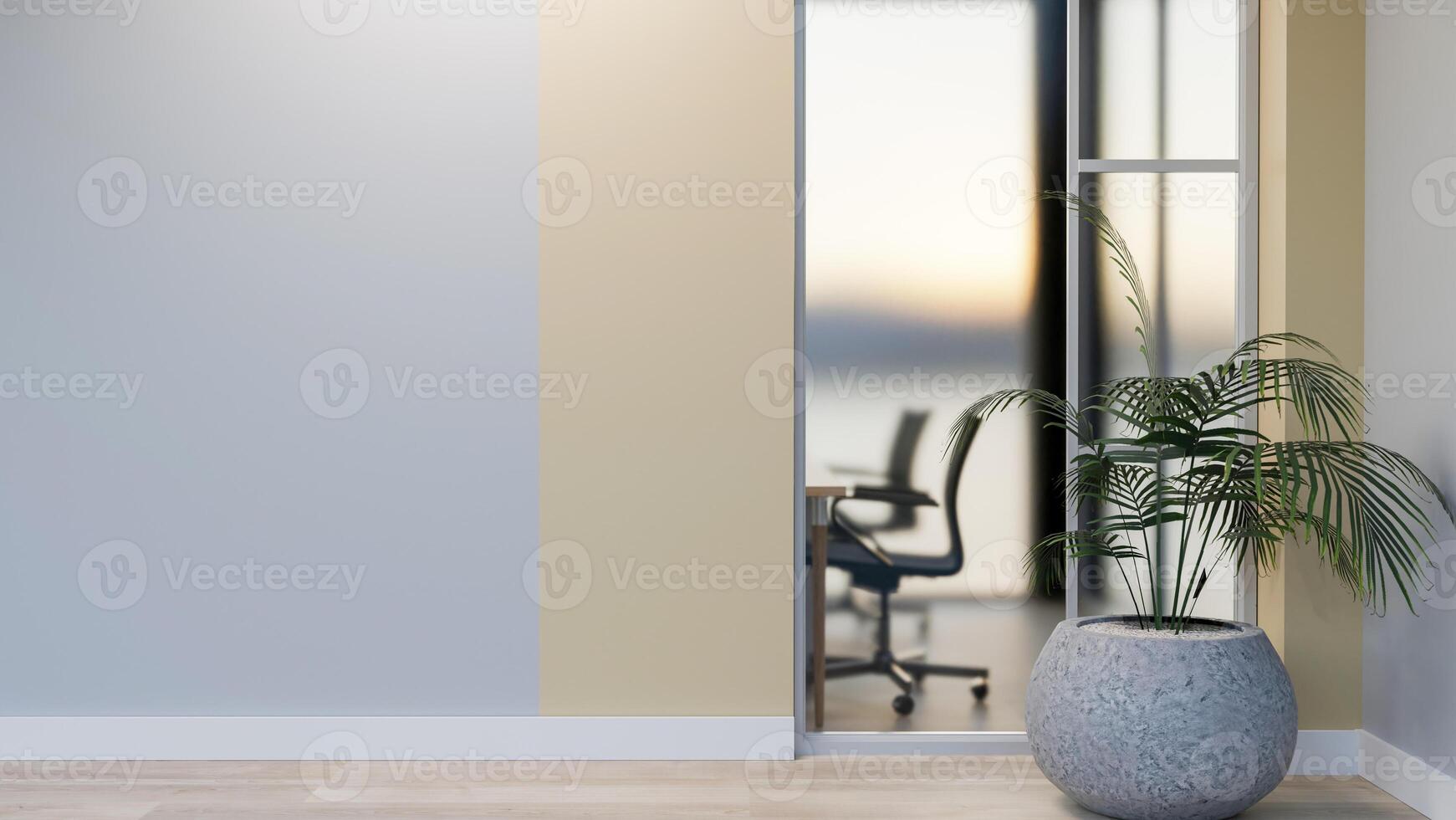 A modern, simple office corridor with an empty wall, and a window looking into a meeting room. photo