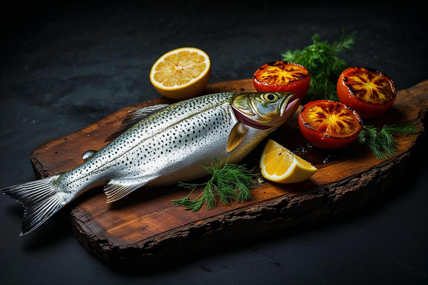 A fish on a cutting board with tomatoes and lemons photo