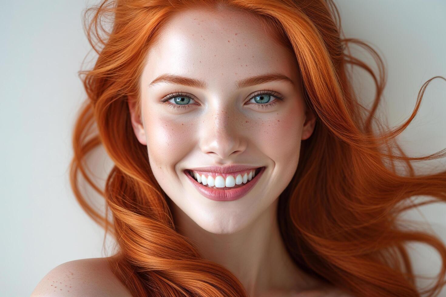 A beautiful redhead woman with long hair smiling photo