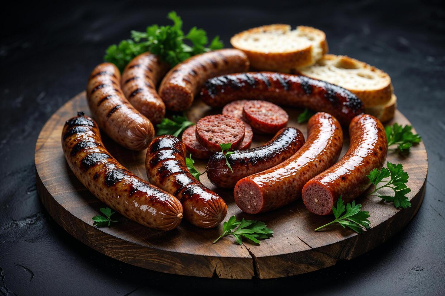 Sausages on a wooden board with bread photo