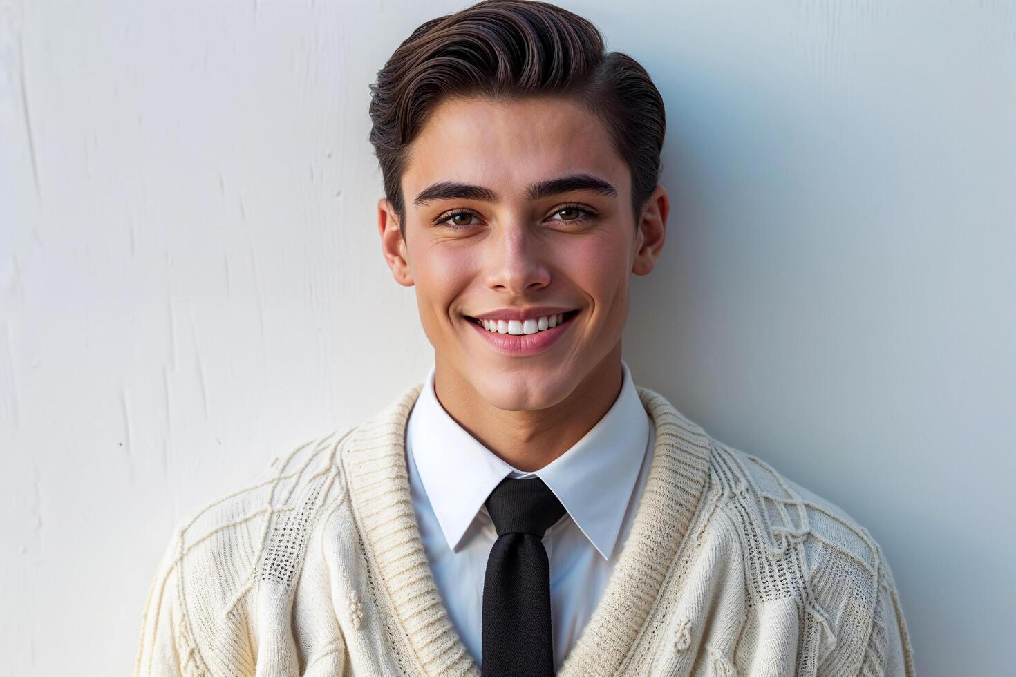 A young man in a sweater and tie smiling photo