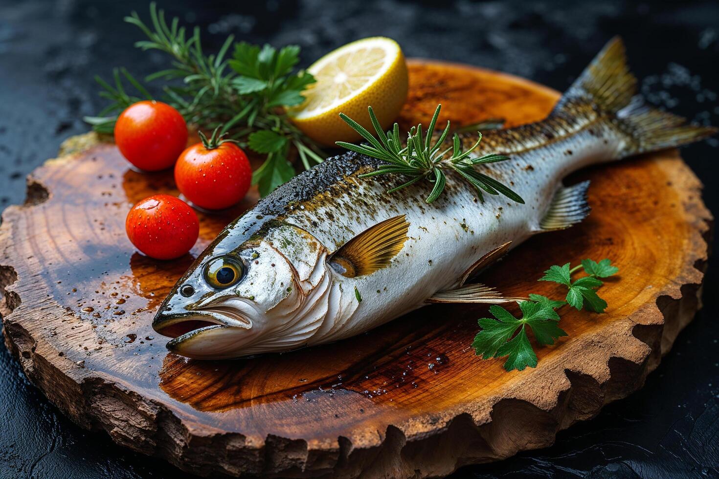 A fish on a wooden board with tomatoes and herbs photo