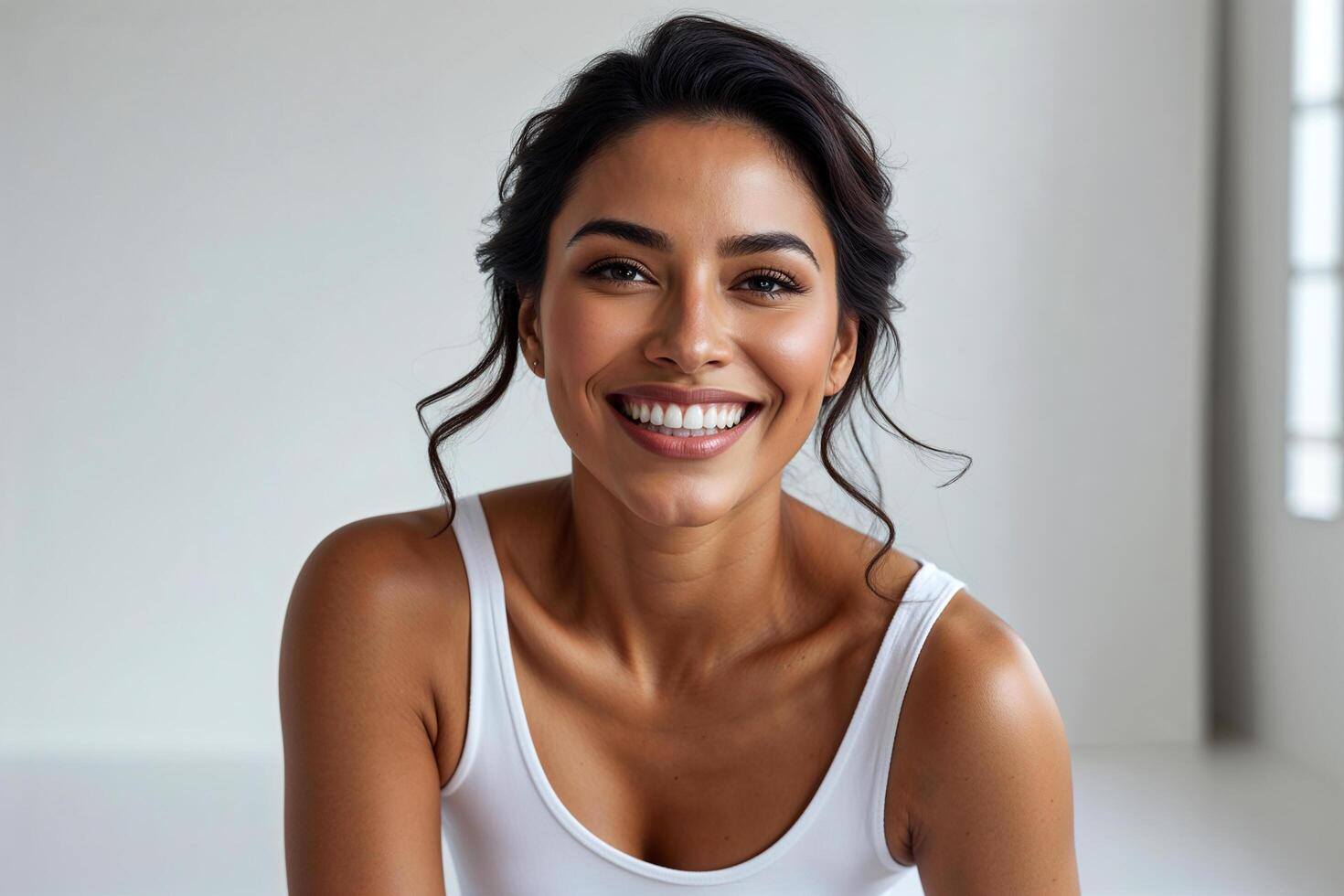 A woman smiling while wearing a white tank top photo