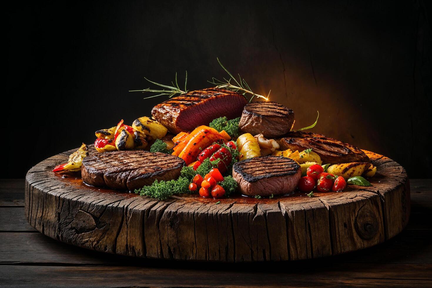 Grilled beef steak on wooden plate with vegetables photo