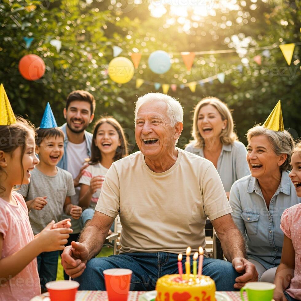 Happy family celebrating birthday in garden photo