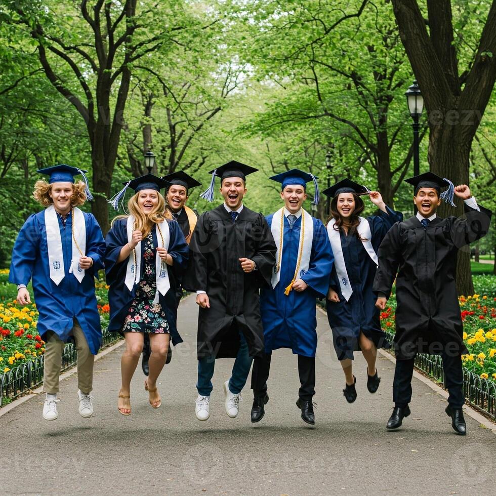 A group of graduates jumping in the air photo