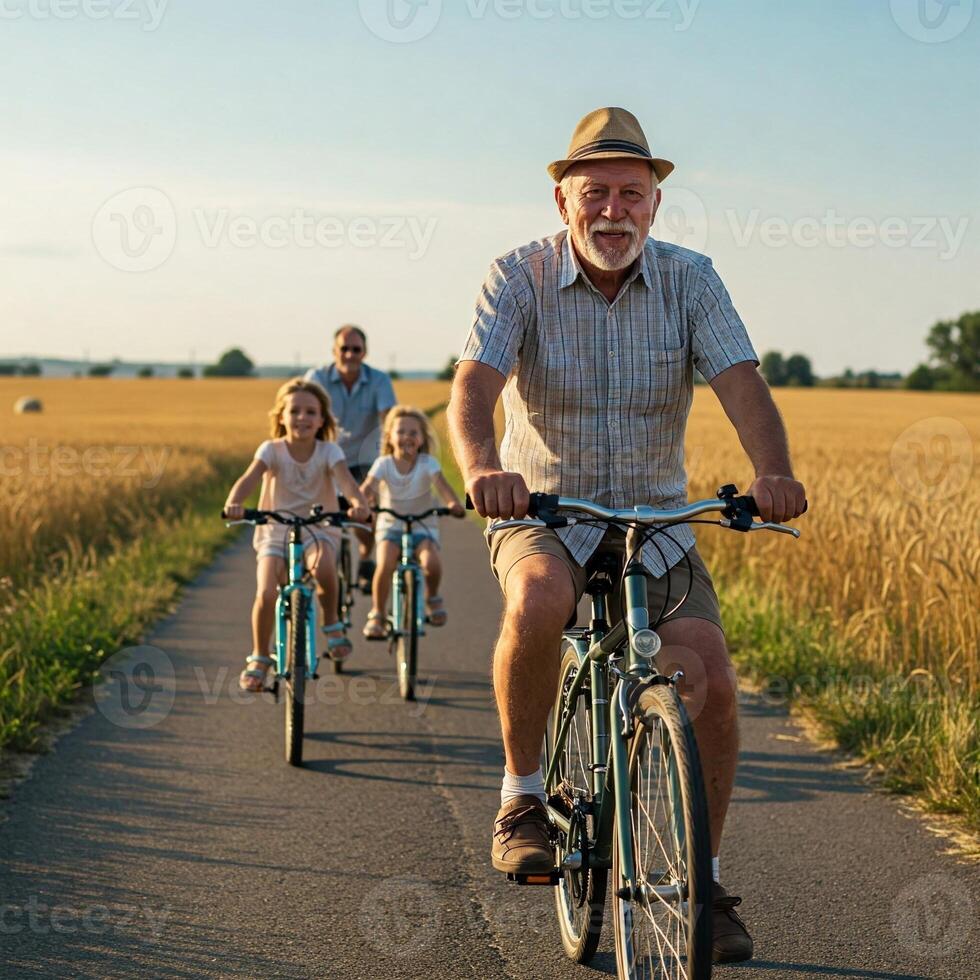An older man and his family riding bicycles down a road photo