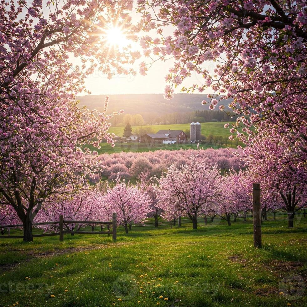 Scenic photo of a blooming orchard with rows of fruit trees, captured in natural daylight