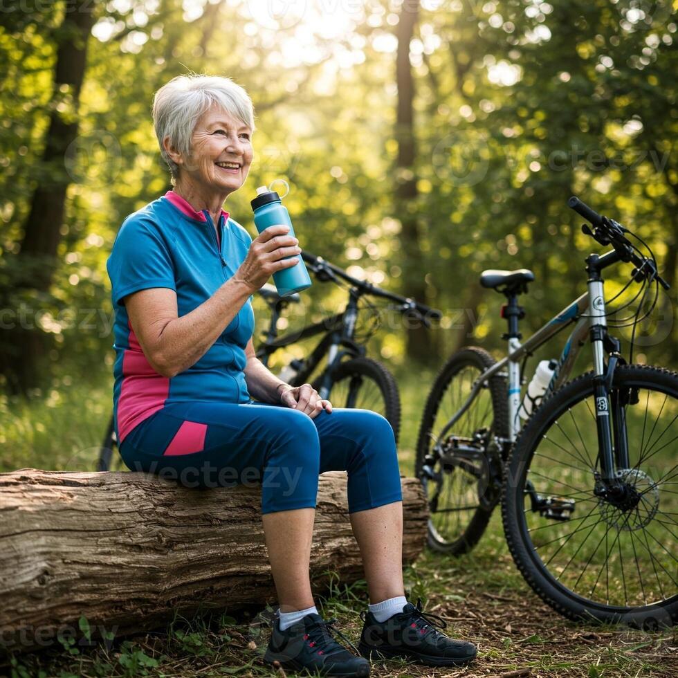 An older woman sitting on a log with a water bottle photo