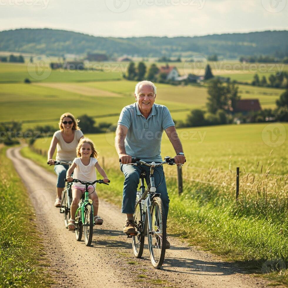 An older man and two children riding bicycles down a dirt road photo