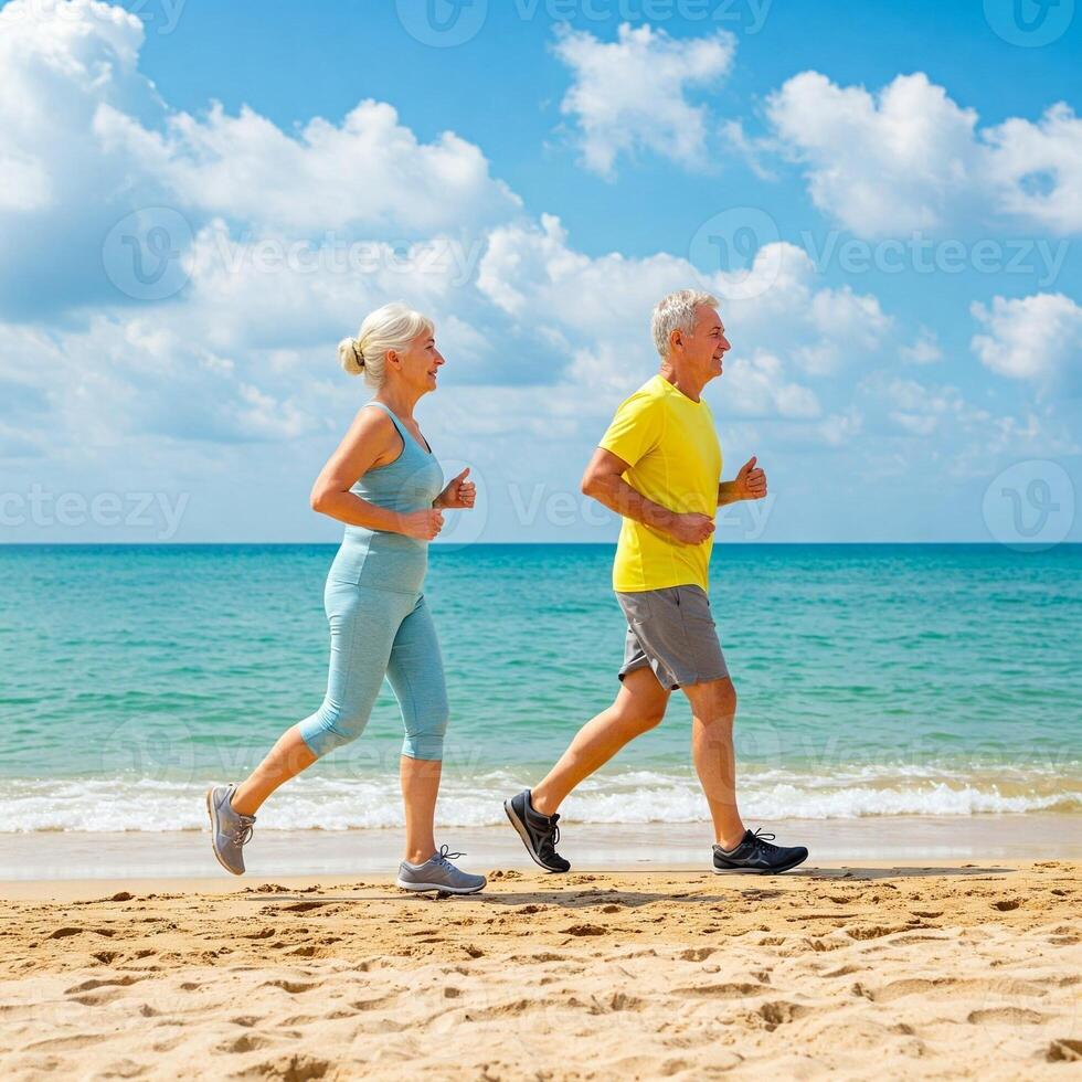 Senior couple jogging on the beach photo