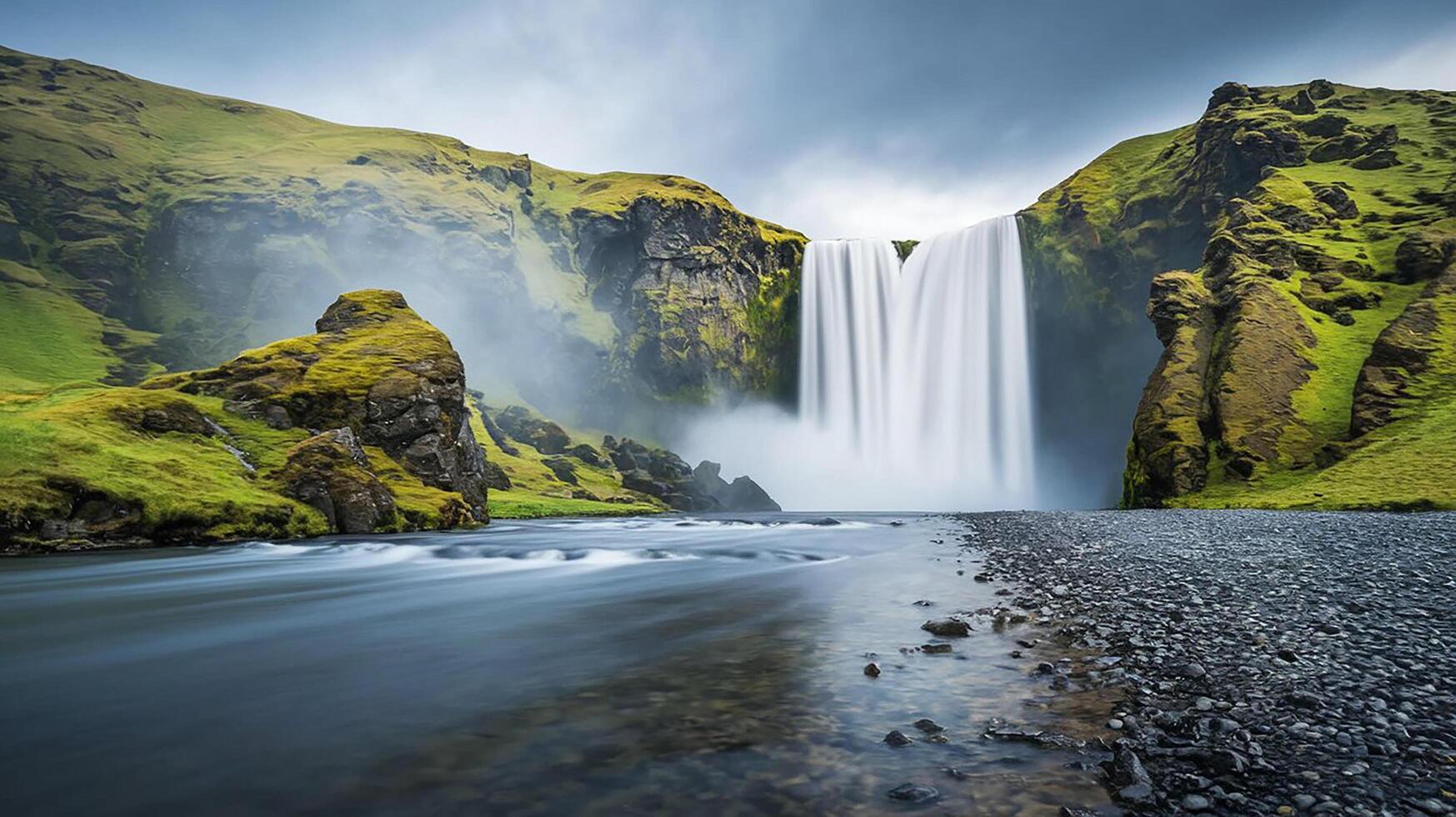 A waterfall is shown in the middle of a green valley photo