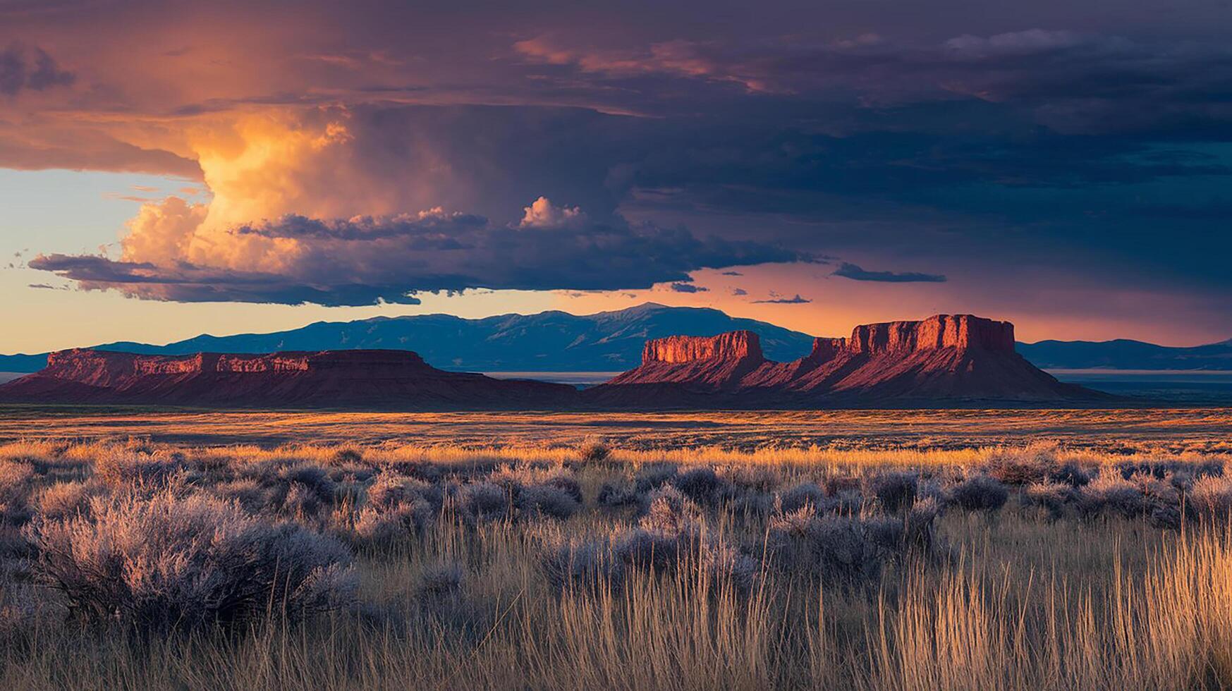 A storm clouds over the desert with mountains in the background photo