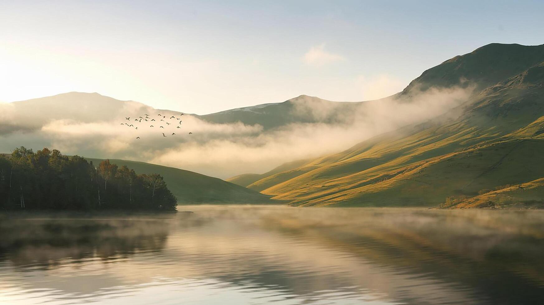 A lake surrounded by mountains and trees with birds flying over it photo