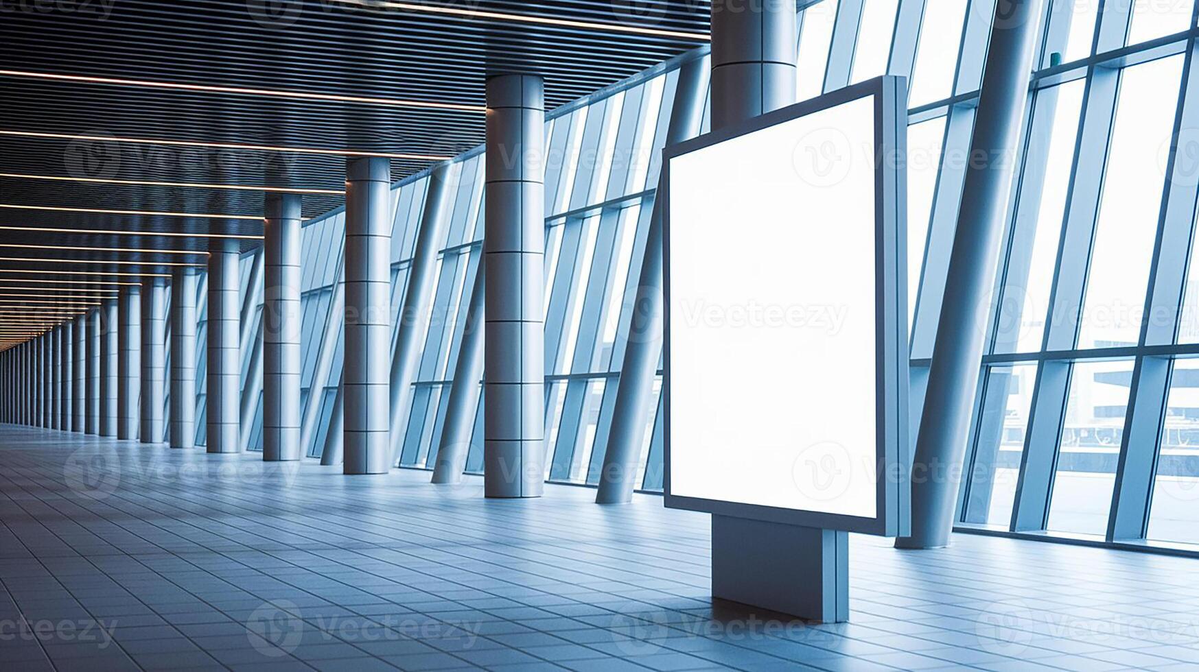 An empty hallway with a large billboard photo