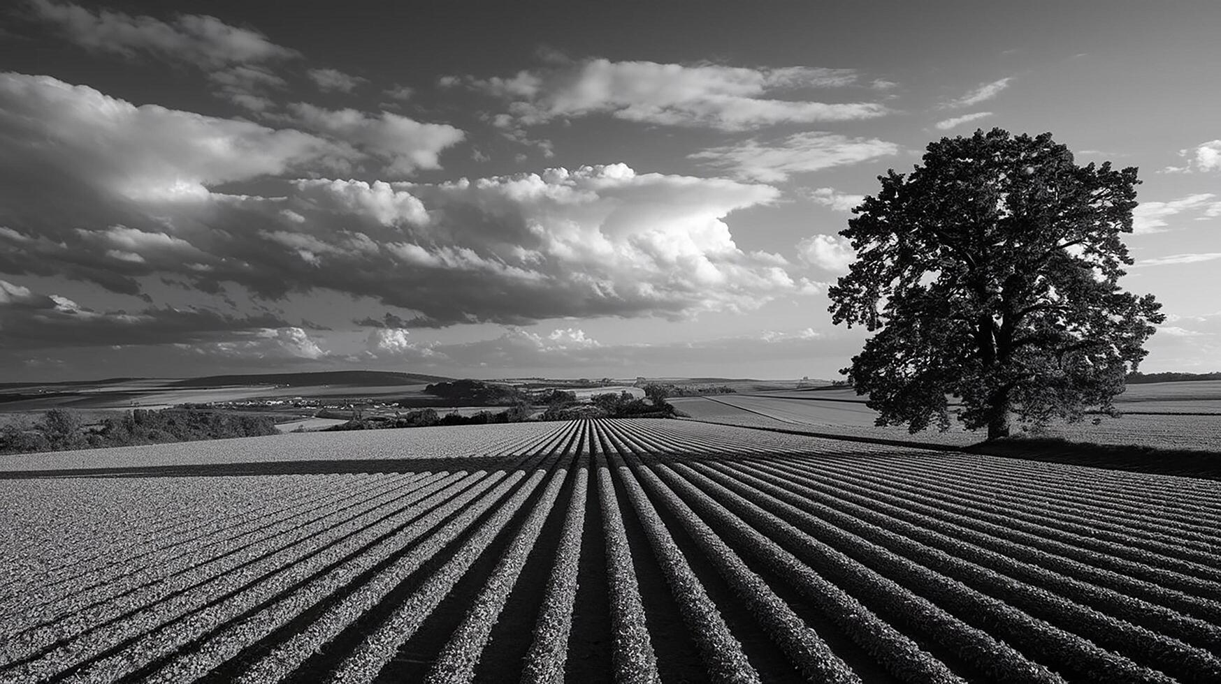Black and white photograph of a field with trees photo