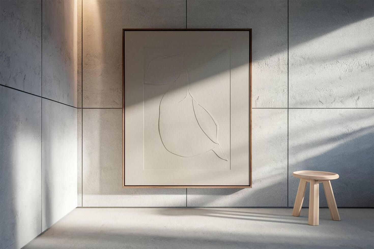 A large abstract painting hangs on the wall in a room photo
