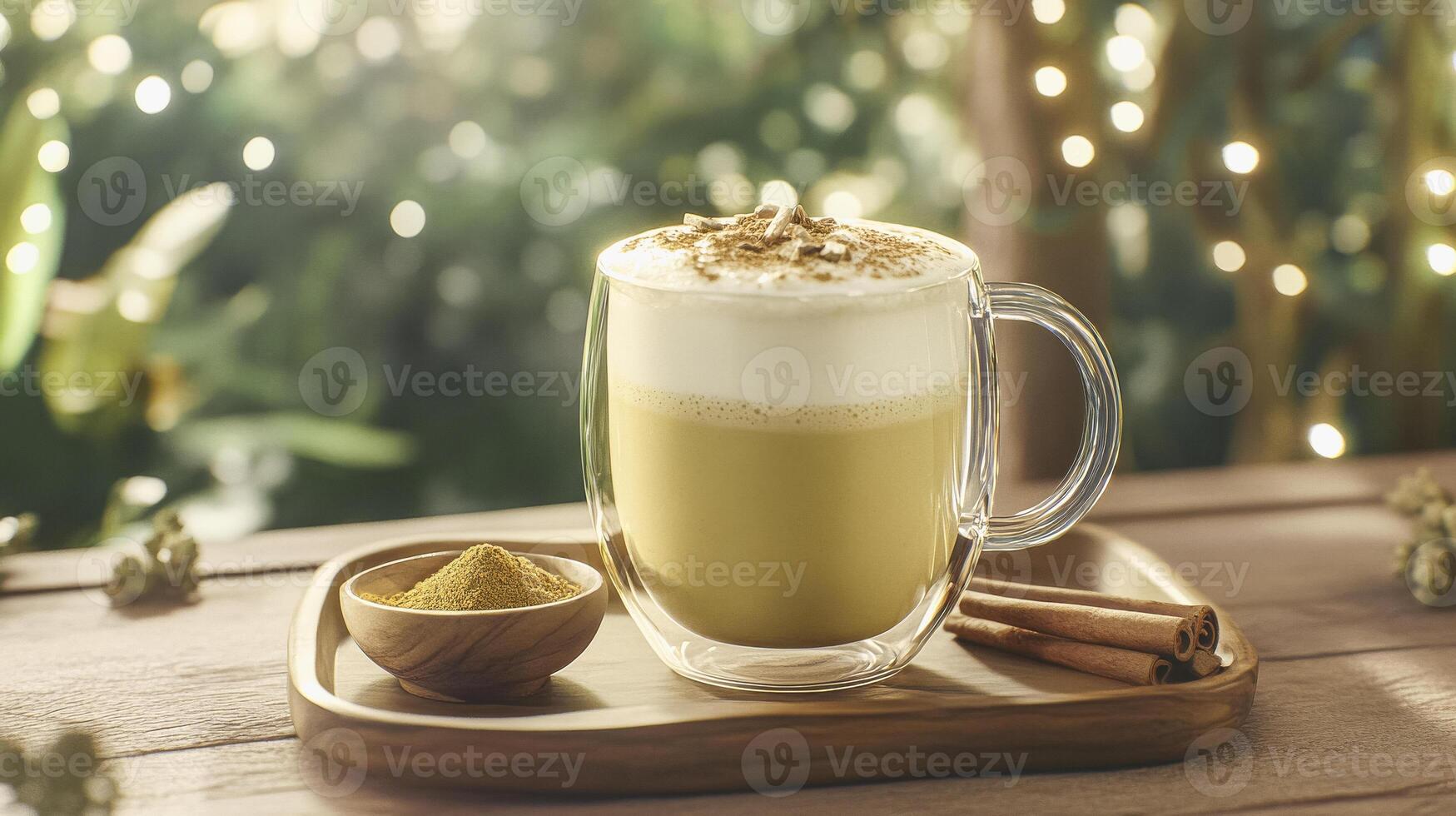 Frothy turmeric latte in double wall glass with cinnamon and rustic background photo