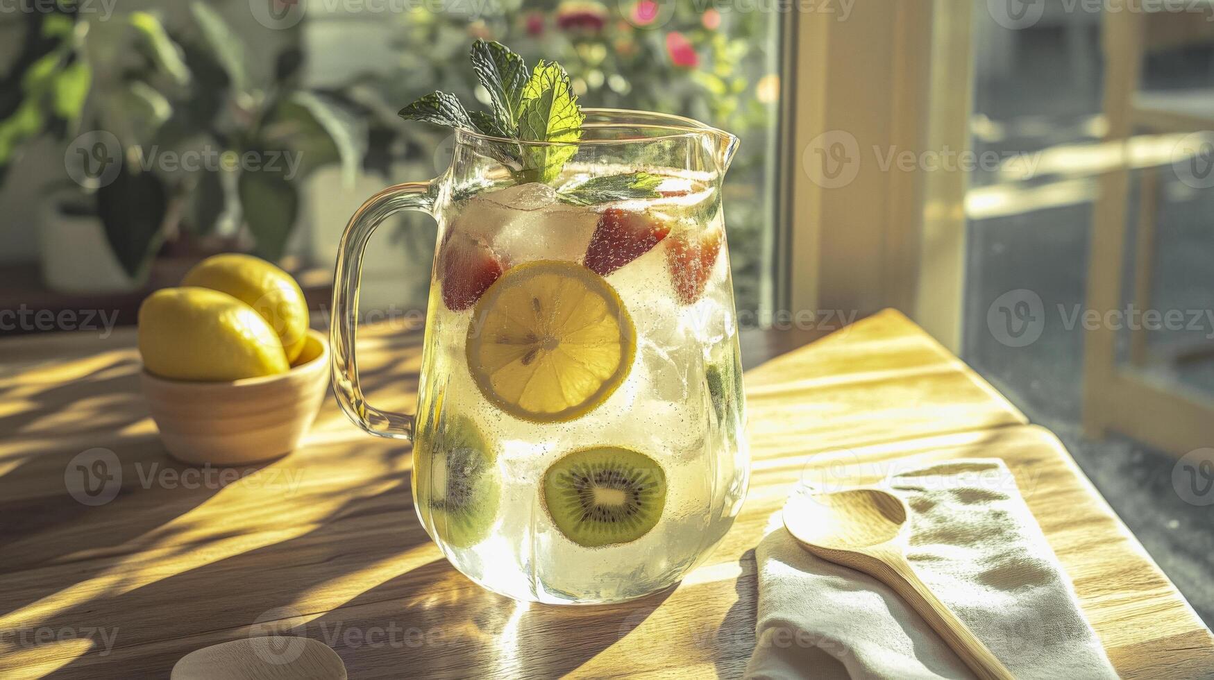 Refreshing sparkling lemonade with citrus and berries on wooden table photo