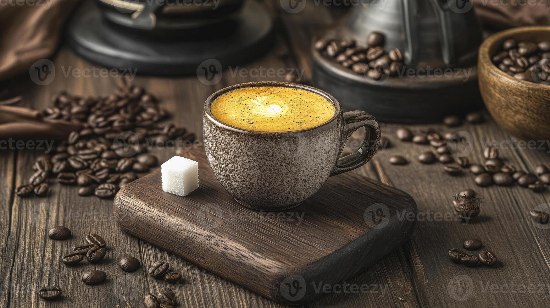 Classic espresso shot in rustic setting with coffee beans and sugar cube photo