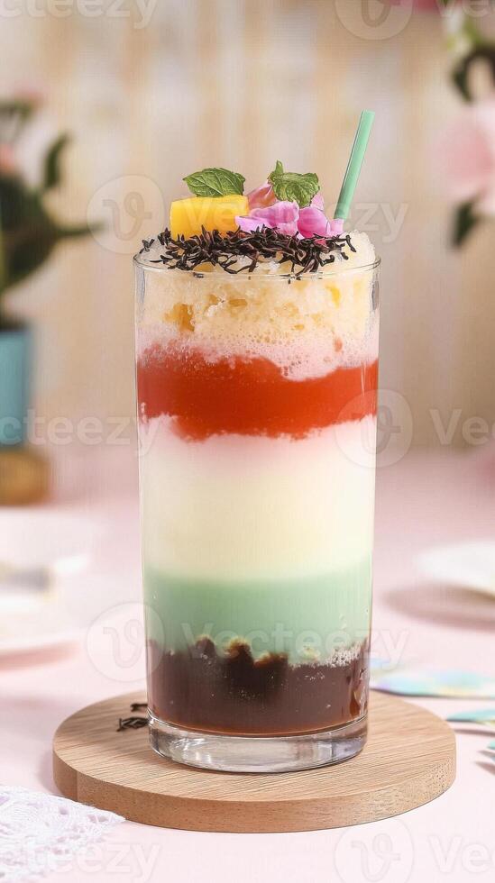 Refreshing layered tea cocktail with matcha, strawberry, and mango for summer drinks photo