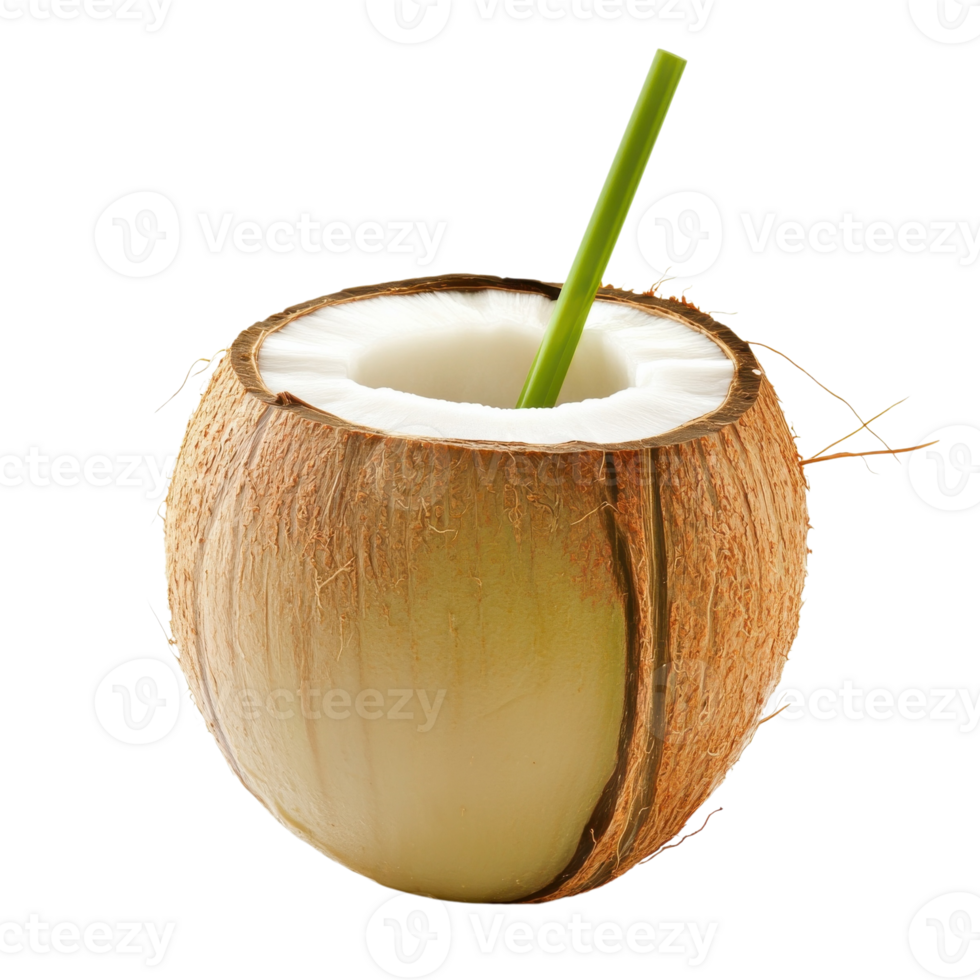 A coconut with a straw on transparent background png
