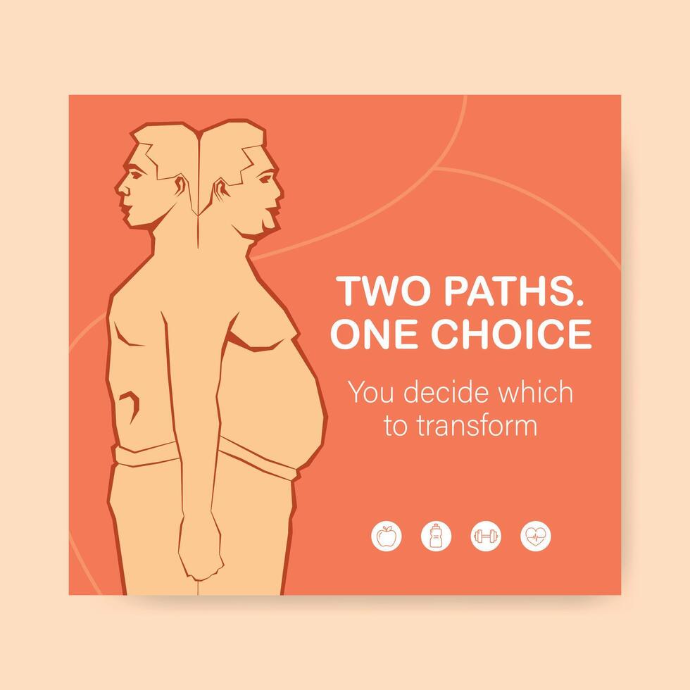 conceptual body transformation, physical change illustrated with two paths of health and obesity vector