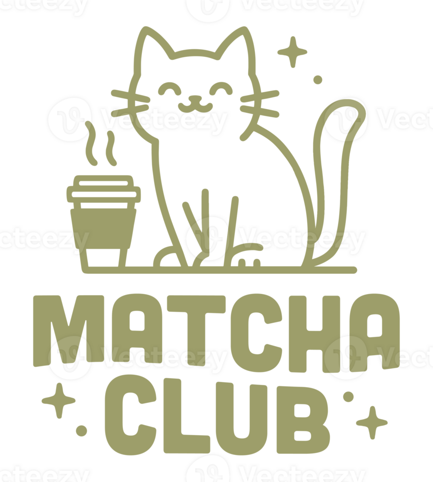 Matcha club latte cat lovers kawaii green tea retro groovy Japanese Korean cafe aesthetic badge shirt design logo for girlies besties friends group community printable clipart transparent background png