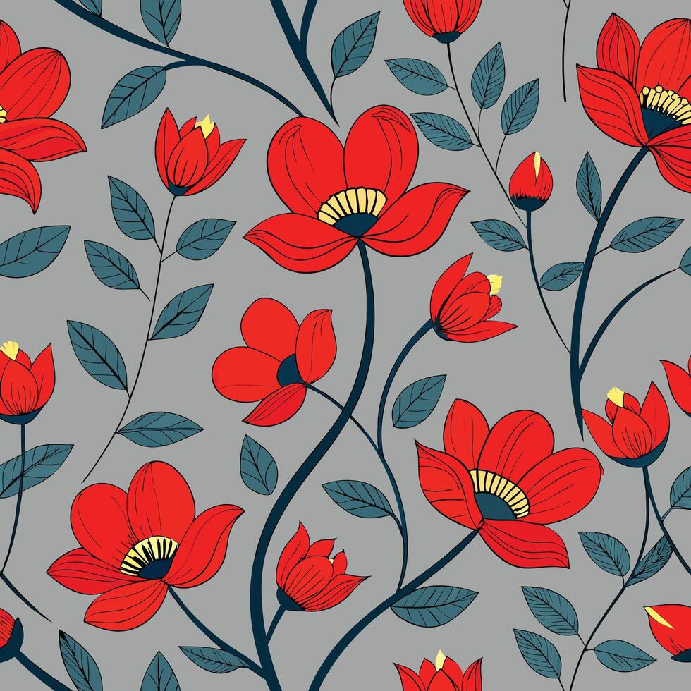 a floral pattern with red flowers on a gray background vector