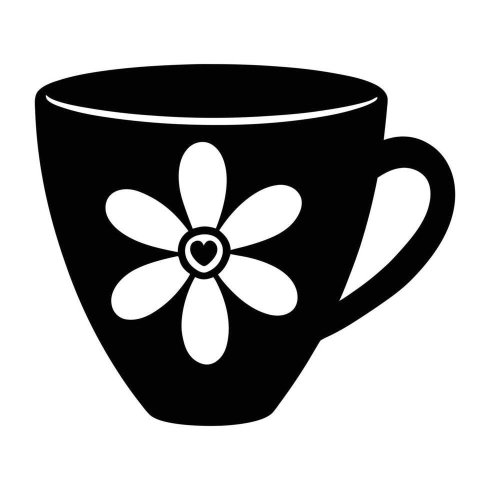 a black and white cup with a flower on it vector