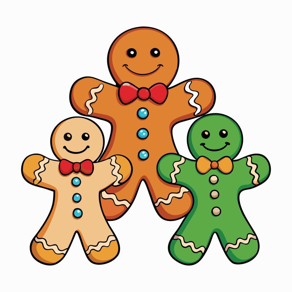 three gingerbread men standing together with bow ties vector