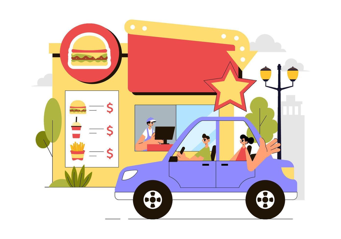 Car at Drive-Thru Lane with Flat Cartoon Background vector