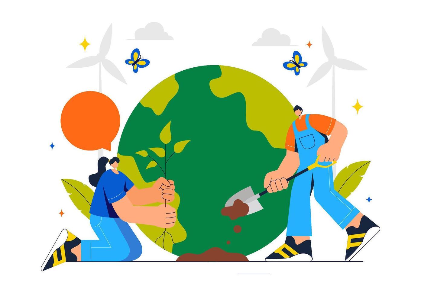 World Ecology Day Celebration with Green Leaves, Map, and Tree in Cartoon Style Background vector