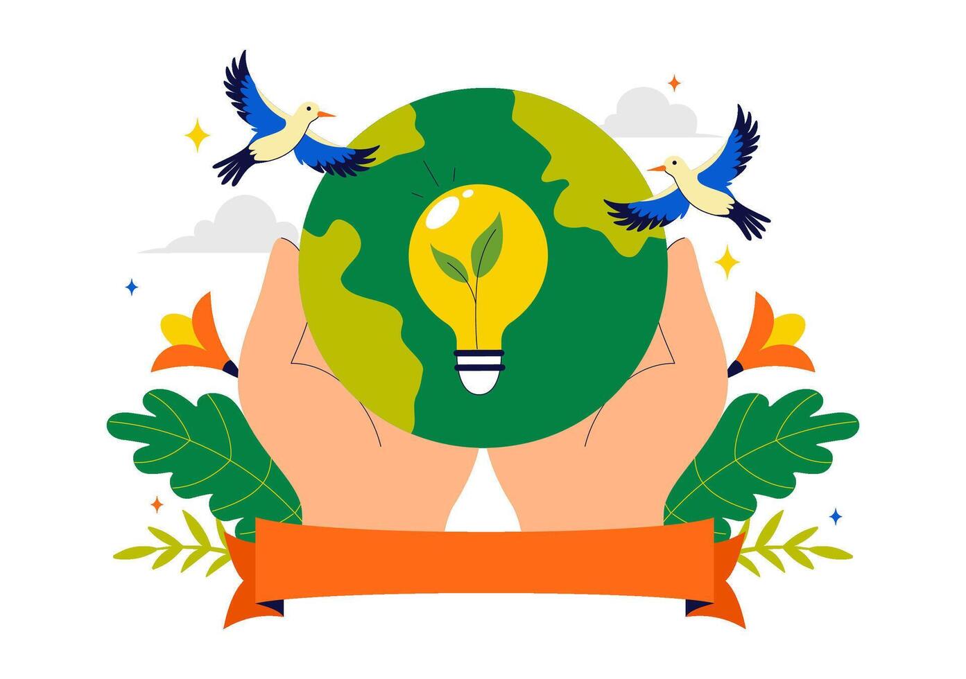 Flat of Global Ecology Preservation with Tree, Earth Map, and Nature Symbols vector