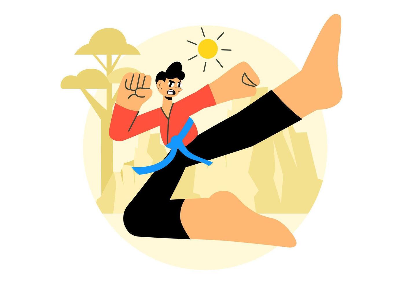 Athlete Performing Dynamic High Kick in Karate Practice Design vector