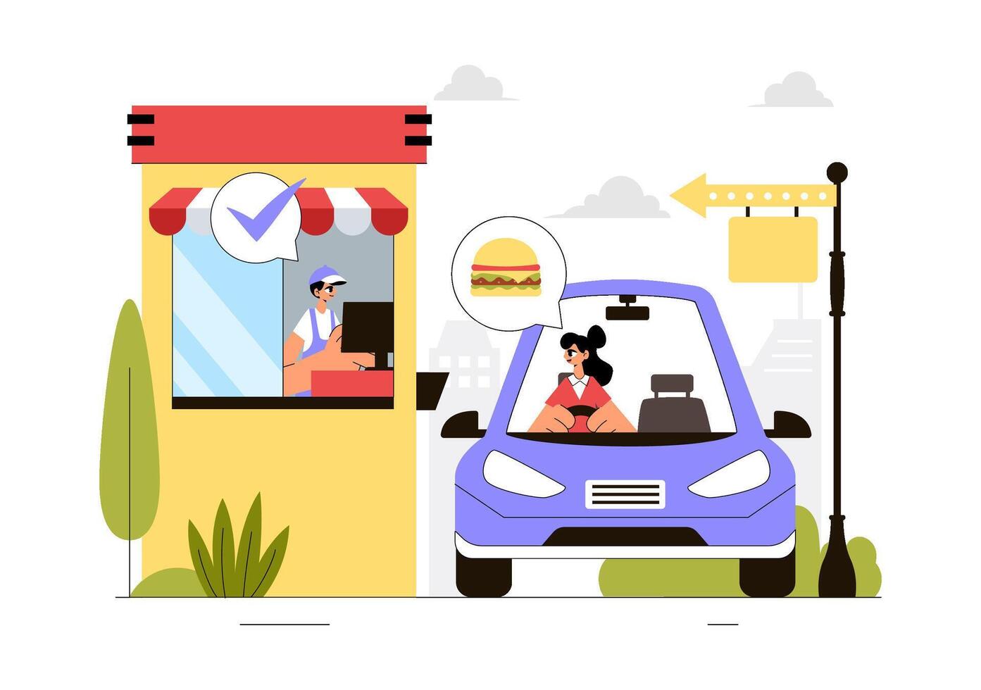 Drive-Thru Service Illustration with Cars Ordering Fast Food in Flat Cartoon Style vector