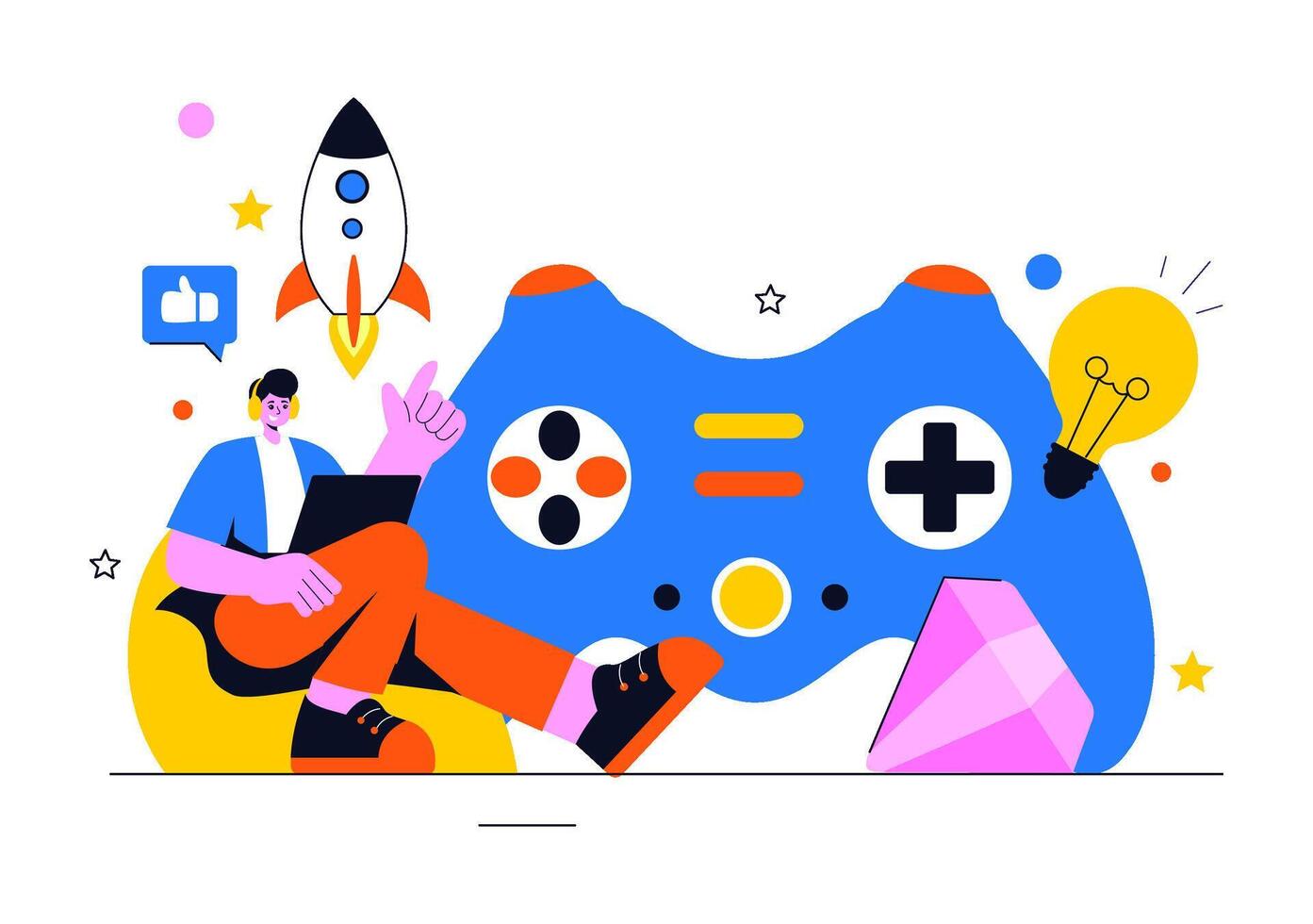 Game Day Celebration Illustration with Gamer Streaming Setup in Flat Cartoon Style vector