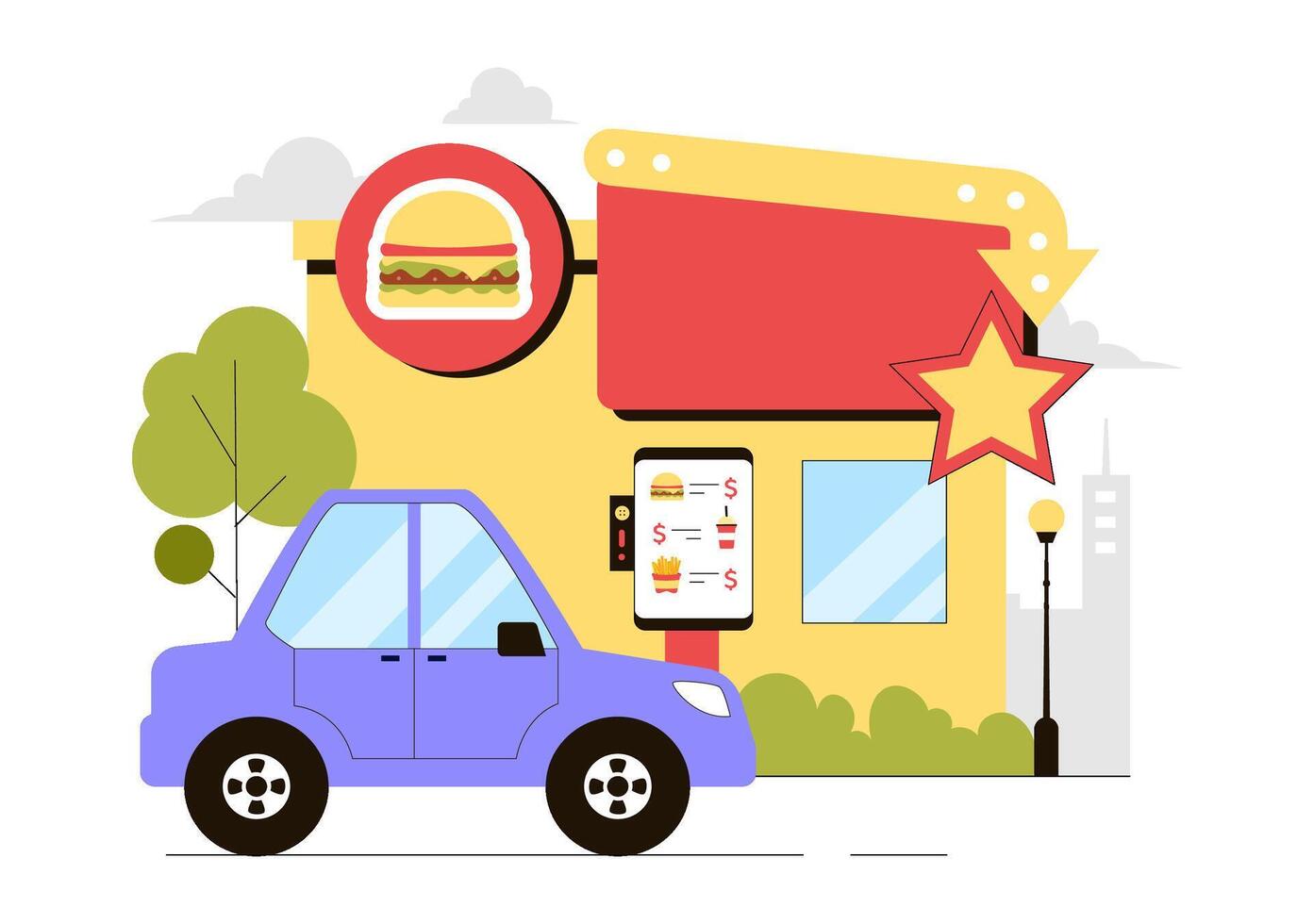 Fast Food Drive-Thru Concept with Car and Restaurant Scene vector