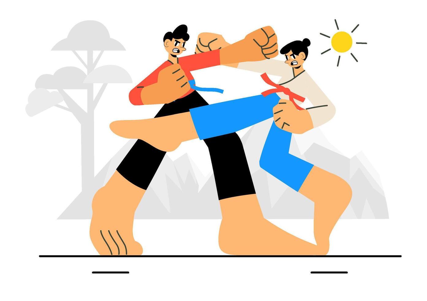 Flat Style Cartoon of Martial Arts Fighter Performing Kick Moves vector