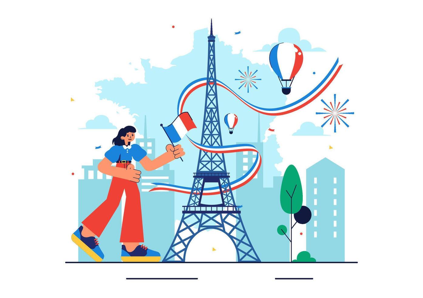 Happy 14 July Bastille Day Design Featuring Ribbon and Eiffel Tower vector
