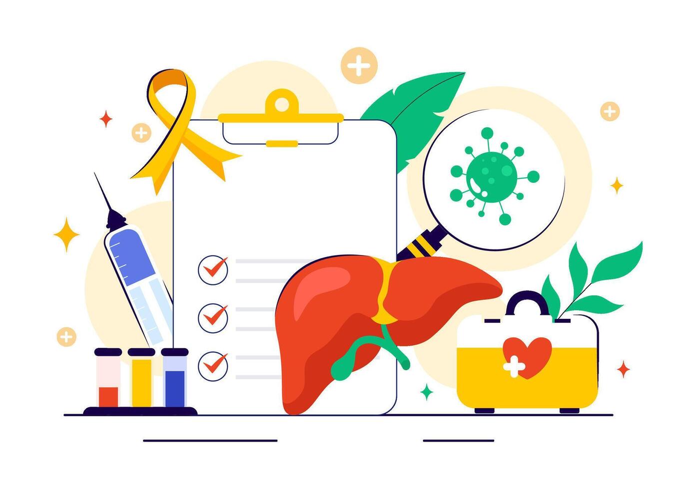 Flat Cartoon for July 28 World Hepatitis Day Showing Liver Cirrhosis and Medical Symptoms vector