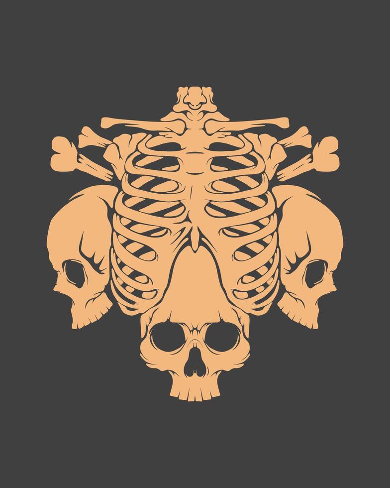 Ribs chest anatomy with three skull artwork skeleton clip art illustration t shirt, sticker, tattoo, poster design editable vector