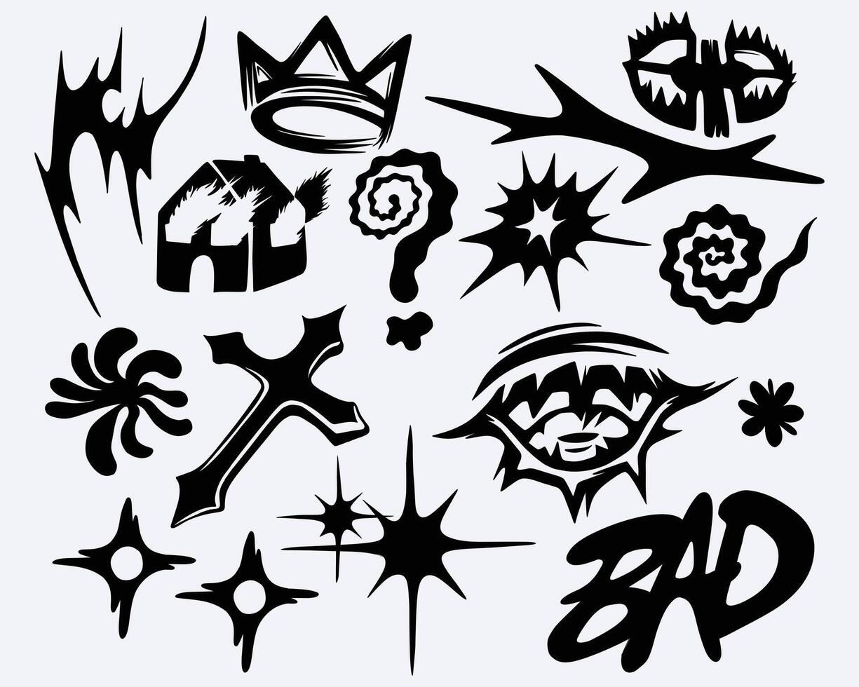 Anti design ink clip art tribal tattoo style, streetwear element brutalism shape asset collection acid sticker poster symbol editable vector