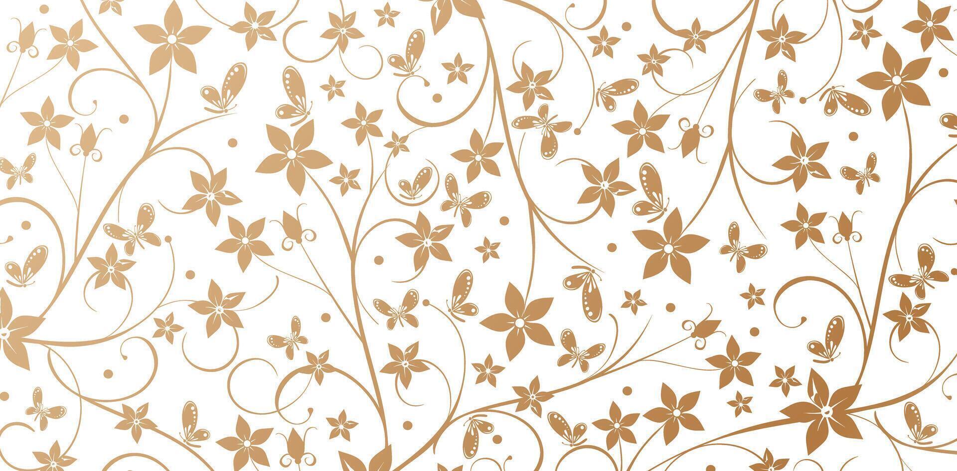Seamless pattern with decorative flowers and butterflies golden colors isolated white backgrounds for Elegant luxury textured wallpapers, backgrounds and page fill, Fashionable modern textile material vector